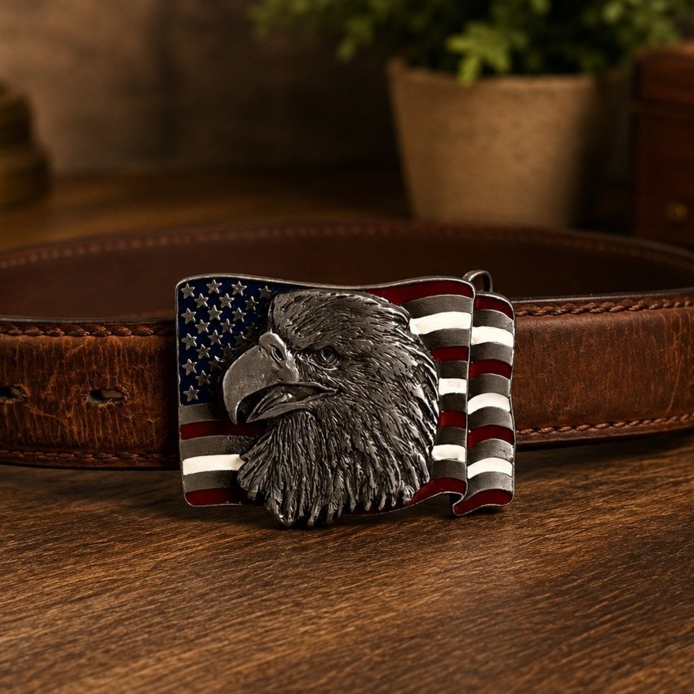 Vintage Western Leather Belt‎ Eagle American Flag Buckle Brown Mens Size 42